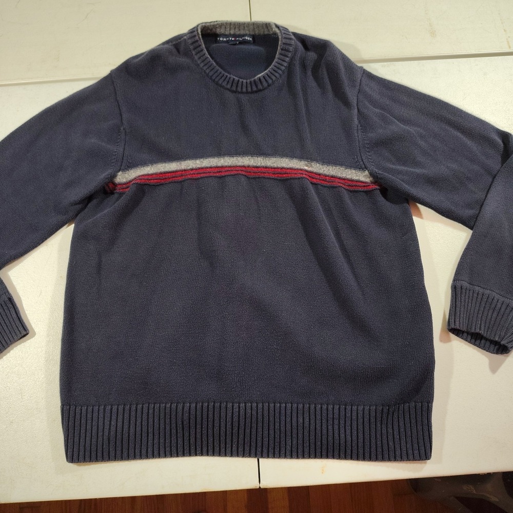 Tommy Hilfiger Sweater Men XL Black/Gray Stripe Pullover College Preppy Classic